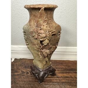 Vintage Carved Soapstone Vase 8” Pedestal Floral Relief Asian Boho MCM Eclectic